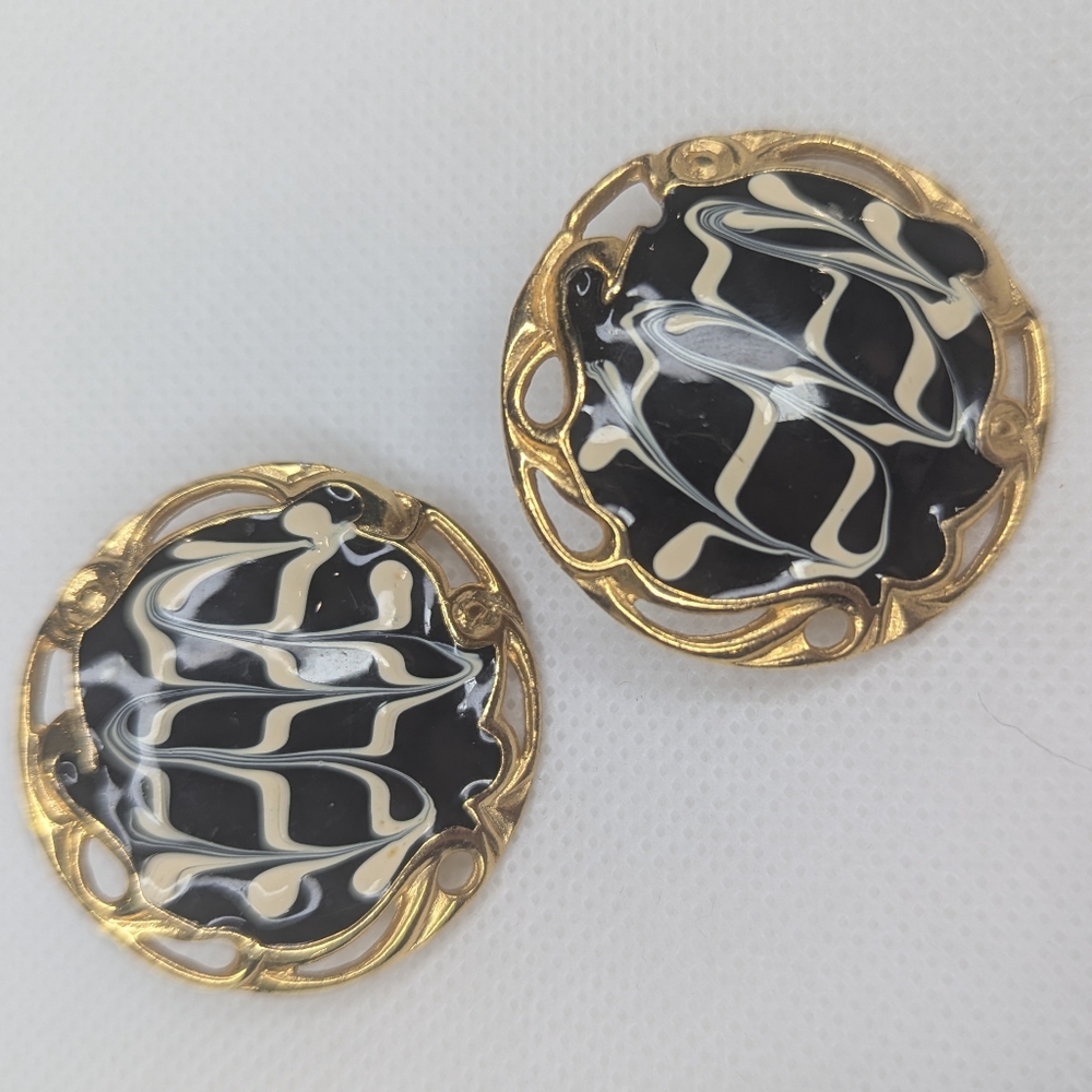 Vintage 90's Maximalist Large Enamel & Gold Earrings Dynasty Glam